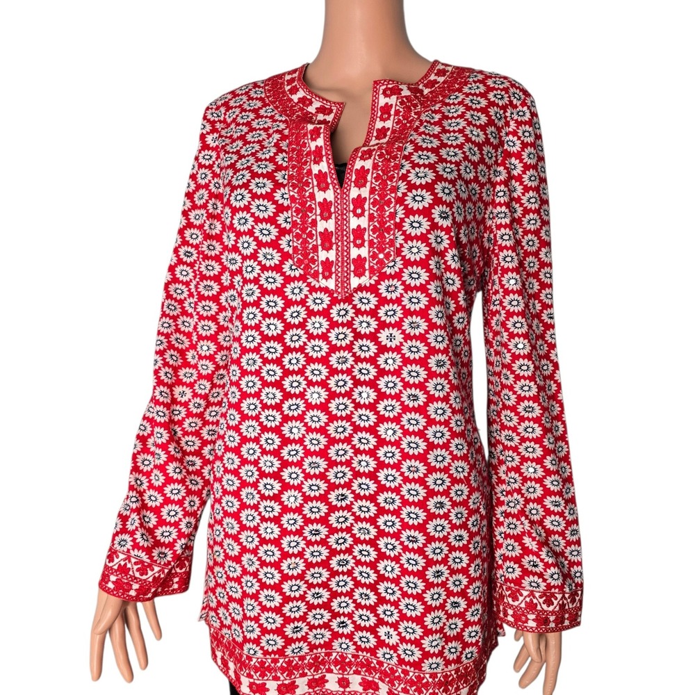 Tory Burch Red White Daisy Floral Embroidered Split Neck Tunic Top Size 10 - Picture 1 of 7